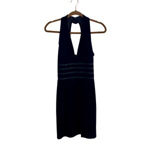 VTG 90s Velvet Deep V-Neck Halter Mini Dress Mesh Stripe Black Cocktail Party